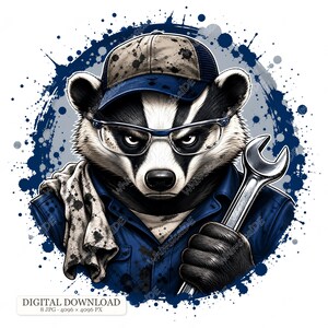 8 JPG Grumpy Mechanic Badger Badge, Funny Auto Repair Animal Illustrations, Angry Garage Mascot Art, Tool Shop Character Design