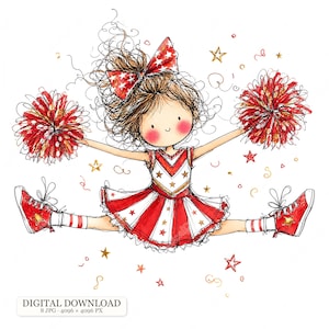 Könnte beinhalten: Eine verspielte Illustration einer Cheerleaderin mit zerzaustem braunem Haar, einer rot-weißen Uniform mit Sternenmuster und einer passenden großen Haarschleife. Die Figur macht einen Spagat, hält rote Pompons und ist von goldenen Sternen umgeben.