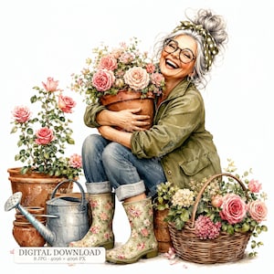 Könnte beinhalten: Eine digitale Illustration einer lächelnden Person mit grauem Dutt, Brille, grüner Jacke, blauer Jeans und Blumenstiefeln. Sie hält einen Terrakottatopf mit rosa Rosen. Daneben stehen eine Metallgießkanne und ein Weidenkorb mit Blumen.