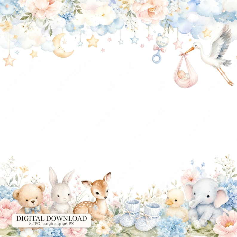 Window Frame Border Art 8 JPG Baby Shower Border Clipart, Watercolor Baby Animals, Stork ...