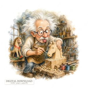 Könnte beinhalten: Eine Aquarellillustration einer älteren Person mit wildem weißem Haar und runder Brille, die eine braune Schürze trägt und mit einem Meißel einen hölzernen Pferdekopf schnitzt. Ein Schaukelpferd steht in einer Werkstatt voller Werkzeuge.