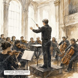8 JPG Orchestra Rehearsal Scenes, Watercolor Musicians, Conductor and Strings, Classical Concert Hall Illustrations, Ink Wash Art
