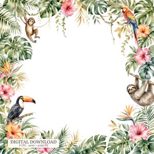 Könnte beinhalten: Ein quadratischer Rahmen mit Aquarellillustrationen tropischer Dschungelelemente, darunter grüne Monstera-Blätter, Palmwedel, rosa und orangefarbene Hibiskusblüten, ein brauner Affe, ein bunter Ara, ein Faultier und ein Tukan auf weißem Grund.