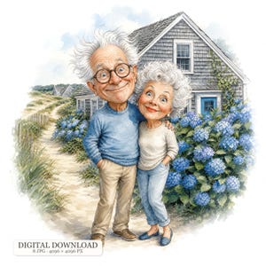 May include: A watercolour illustration of an elderly couple standing together in front of a house with blue hydrangeas. The person on the left wears a blue jumper and tan trousers, while the person on the right wears a white top and blue jeans.
