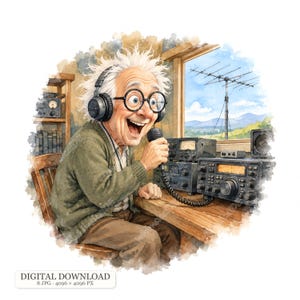 Puede incluir: Una ilustración en acuarela de una persona mayor con cabello blanco, gafas redondas y auriculares, hablando por un micrófono de mano. La persona está sentada en un escritorio de madera con equipo de radio, incluyendo un transceptor y antena.