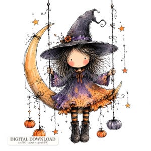 May include: A digital illustration of a character wearing a large black witch hat and a purple and orange dress, sitting on a crescent moon. The character wears striped stockings and black boots, surrounded by hanging orange pumpkins and stars.