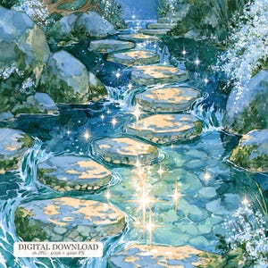 Könnte beinhalten: Eine digitale Illustration eines Bachlaufs mit runden Trittsteinen, die durch das Wasser führen. Die Szene zeigt blaues und türkisfarbenes Wasser, beige Steine und weiße florale Akzente. Funkelnde Lichteffekte sind über die Wasseroberfläche verteilt.