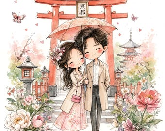 8 JPG Para z Kioto, Kwitnąca wiśnia, Azjatycka sztuka miłosna, Brama torii, Romantyczna ilustracja, Cyfrowy JPG