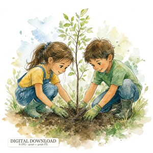 Puede incluir: Una ilustración en acuarela de dos niños agachados en la tierra para plantar un pequeño árbol. El niño de la izquierda lleva un peto vaquero azul sobre una camiseta amarilla, el de la derecha una camiseta verde y vaqueros azules, ambos con botas.