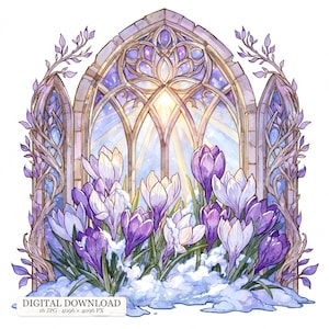 Könnte beinhalten: Eine digitale Illustration von violetten und weißen Krokussen, die im Schnee vor einem gotischen Bogenfenster mit Lichtstrahlen blühen. Das Bild enthält den Text DIGITAL DOWNLOAD 16 JPG 4096 x 4096 PX.
