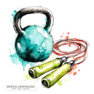 Könnte beinhalten: Eine Aquarellillustration einer türkisfarbenen Kettlebell mit schwarzen Tuscheumrissen und einem roten Springseil mit lindgrünen Griffen. Das Kunstwerk zeigt Farbspritzer in Türkis, Rot und Grün sowie den Text DIGITAL DOWNLOAD 8 JPG 4096 x 4096 PX.