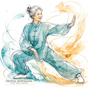 Könnte beinhalten: Eine Aquarellillustration einer Person mit grauem Haar im Dutt, die eine langärmelige Tunika in Blaugrün und eine passende weite Hose trägt und eine Kampfkunstpose einnimmt. Wirbel aus blaugrüner und orangefarbener Farbe umgeben die Figur.