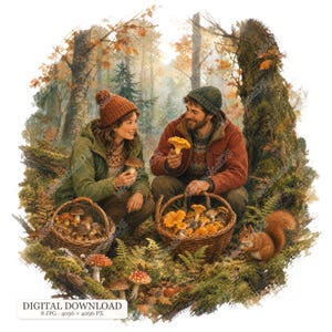 May include: An illustration of two people in a forest gathering mushrooms in woven baskets. One person wears an orange knit hat and green jacket, the other a green hat and red jacket. A squirrel sits nearby. Text reads: DIGITAL DOWNLOAD 8 JPG 4096 x 4096 PX.