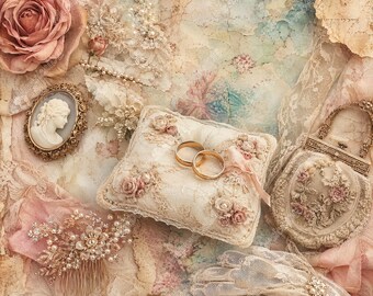 8 stron JPG z pamiątkami ślubnymi, album ślubny w stylu vintage, romantyczne koronkowe róże, styl shabby chic