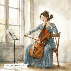 8 JPG Cello Practice Room Scenes, Watercolor Cellist Portraits, Sunlit Music Studio Illustrations, Classical Musician Journal Pages
