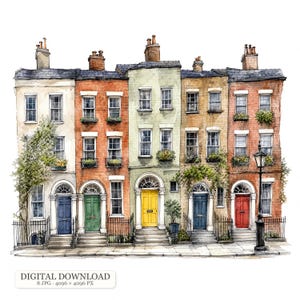 May include: A watercolour illustration of a row of five multi-storey townhouses with varied brick and stone facades, featuring colourful front doors in blue, green, yellow, and red, arched entryways, sash windows, and a black metal street lamp.