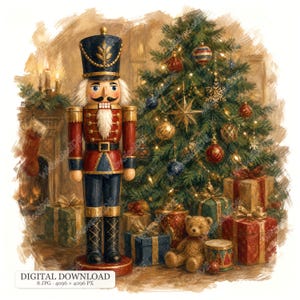 Puede incluir: Una figura de cascanueces con uniforme azul y rojo se encuentra frente a un árbol de Navidad decorado con regalos envueltos y un oso de peluche. La imagen incluye el texto DIGITAL DOWNLOAD 8 JPG 4096 x 4096 PX en la esquina inferior izquierda.