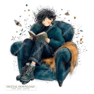 Könnte beinhalten: Eine digitale Illustration einer Person mit zerzaustem dunklem Haar, die einen dunkelblauen Pullover und eine Hose trägt und in einem dunkelblauen Sessel sitzt, während sie ein Buch liest. Die Szene enthält eine senfgelbe Decke, Motten und Sterne.
