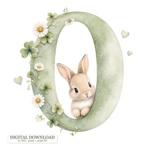 May include: A large, sage green letter O decorated with white daisy flowers, green clover leaves, and small hearts. A light brown rabbit with long ears and dark eyes is positioned inside the center of the letter. The text reads DIGITAL DOWNLOAD.