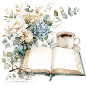 May include: An open book with blank pages, a pair of round gold-rimmed glasses, a ceramic mug filled with dark coffee on a saucer, and a vase containing white and blue flowers with green eucalyptus leaves. Text reads: DIGITAL DOWNLOAD 8 JPG 4096 x 4096 PX.