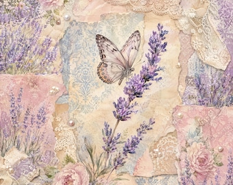 8 zdjęć JPG: Pola lawendy w stylu shabby, Kolaż kwiatów w stylu vintage, Romantyczna sztuka ogrodowa, Materiały do druku w dzienniku Cottagecore Junk