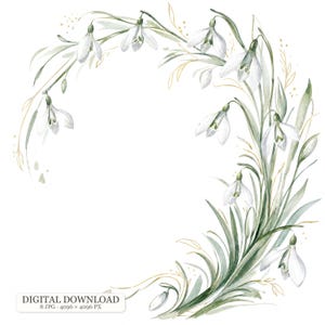 Könnte beinhalten: Eine Aquarellillustration eines geschwungenen Blumenkranzes mit weißen Schneeglöckchen, grünen Stielen und Blättern, akzentuiert durch feine goldene Linien. Das Bild enthält den Text DIGITAL DOWNLOAD 8 JPG 4096 x 4096 PX.