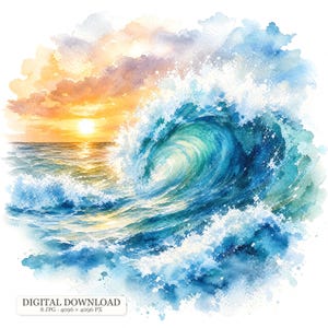 May include: A watercolor illustration of a large ocean wave crashing during a sunset. The scene features vibrant blue and turquoise water with white sea foam, set against a sky filled with soft yellow, orange, and purple clouds at the horizon.