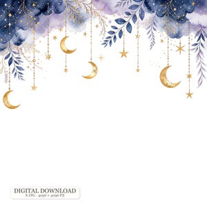 May include: A digital illustration featuring watercolor clouds in shades of deep blue and purple, accented with hanging gold crescent moons, stars, and dark blue leafy branches suspended from the top edge against a white background.