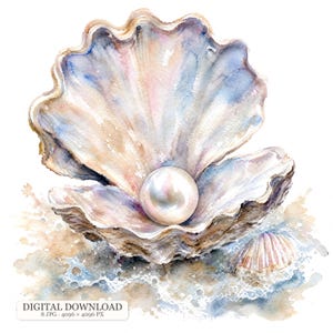 Könnte beinhalten: Eine Aquarellillustration einer offenen Muschel mit einer einzelnen, runden, weißen Perle. Die Muschel zeigt sanfte Blau-, Beige- und Rosatöne mit strukturierten Rändern. Eine kleinere Muschel liegt daneben, und der Text lautet DIGITAL DOWNLOAD 8 JPG 4096 x 4096 PX.