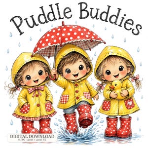 Könnte beinhalten: Eine digitale Illustration mit dem Titel Puddle Buddies zeigt drei Kinder in gelben Regenmänteln und roten gepunkteten Stiefeln, die im Regen planschen. Ein Kind hält einen roten Regenschirm mit Punkten, ein anderes eine gelbe Quietscheente.