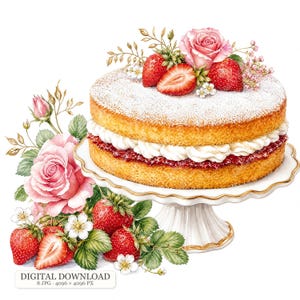 Puede incluir: Un pastel de dos capas con relleno de crema blanca y mermelada roja, cubierto con fresas frescas y una rosa rosada sobre un soporte blanco. La imagen incluye el texto DIGITAL DOWNLOAD 8 JPG 4096 x 4096 PX.