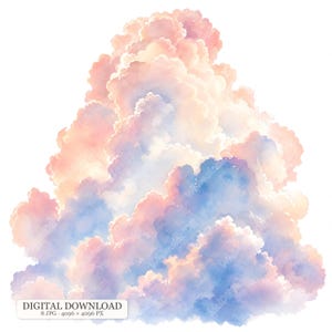 8 JPG Cloud Clipart, Pastel Watercolor Clouds, Sunset Sky, Rain Cloud, Heart Cloud, Snowflake Cloud, Dreamy Sky Graphics