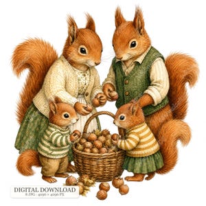 May include: A digital illustration of a family of four red squirrels wearing clothing, including sweaters and vests, gathered around a woven wicker basket filled with brown hazelnuts. The squirrels are depicted in a standing position.