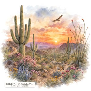 May include: A watercolour illustration of a desert landscape at sunset featuring a large saguaro cactus, a coyote standing on a path, and a bird in flight. The scene includes blooming pink and yellow wildflowers, distant mountains, and text reading DIGITAL DOWNLOAD 8 JPG 4096 x 4096 PX.