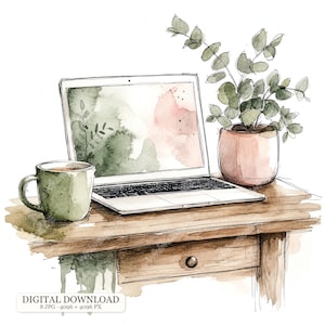 Puede incluir: Una ilustración en acuarela de un portátil sobre un escritorio de madera con una taza verde y una planta en maceta. La pantalla muestra un lavado abstracto en verde y rosa. El escritorio tiene un cajón con un pomo, hecho con tinta y acuarela.