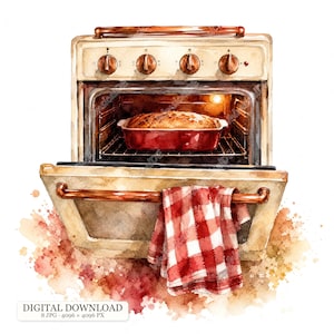 Könnte beinhalten: Eine Aquarellillustration eines cremefarbenen Ofens mit kupferfarbenem Griff und Drehknöpfen. Die Ofentür ist geöffnet und zeigt einen Laib Brot in einer roten Backform. Ein rot-weiß kariertes Küchentuch hängt am Griff des Ofens.
