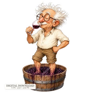 Può includere: Un personaggio anziano con capelli bianchi spettinati e occhiali tondi indossa una camicia beige e pantaloncini marroni. Il personaggio è in piedi in una botte di legno piena di uva viola scuro, tenendo un calice di vino rosso. Testo: DIGITAL DOWNLOAD.