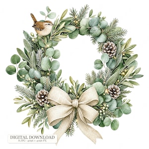 May include: A circular wreath featuring green eucalyptus leaves, pine needles, two brown pinecones, and a small brown bird perched on the upper left side. A large, light beige fabric bow is centred at the bottom of the wreath.