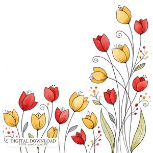 8 JPG Nyckfullt tulpanblommönster, röda gula blommor, handritad botanisk konst, digital design