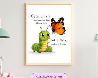 Stampa per bambini con bruco e farfalla, arte per la crescita mentale dei bambini (download digitale)