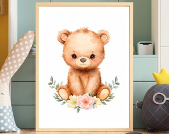 Aquarell Bär Kinderzimmer Druck, Salbei grün Wald Dekor (Digitaler Download)