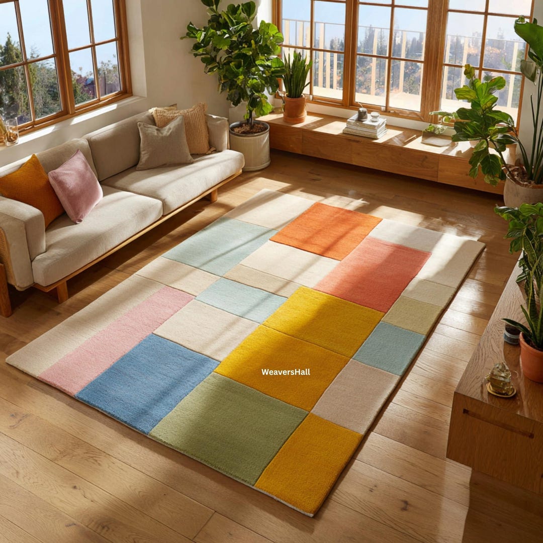 Colorful Geometric Block Rug | Modern Multicolor Living Room Carpet ...