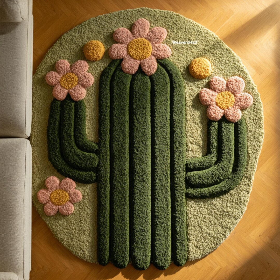 Floral Cactus Round Rug | Cute Green Pink Plush Kids Room Living Room ...