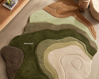 Abstract Earth Tone Rug | Modern Olive Green, Brown Carpet