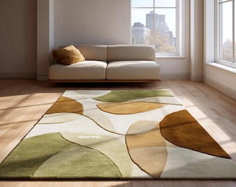 Modern Abstract Green & Brown Rug | Earthy Curved Design Area Carpet | Soft Handmade Living Room Decor