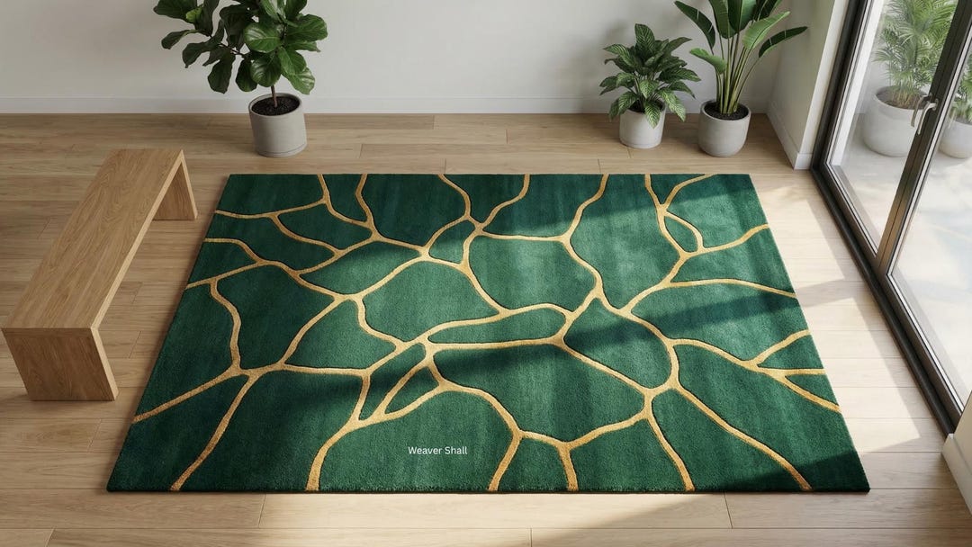 Patterned Green Rug Abstract Design Green Abstract Area Rug, Modern Stone Pattern Rug, Emerald Gold Line ...
