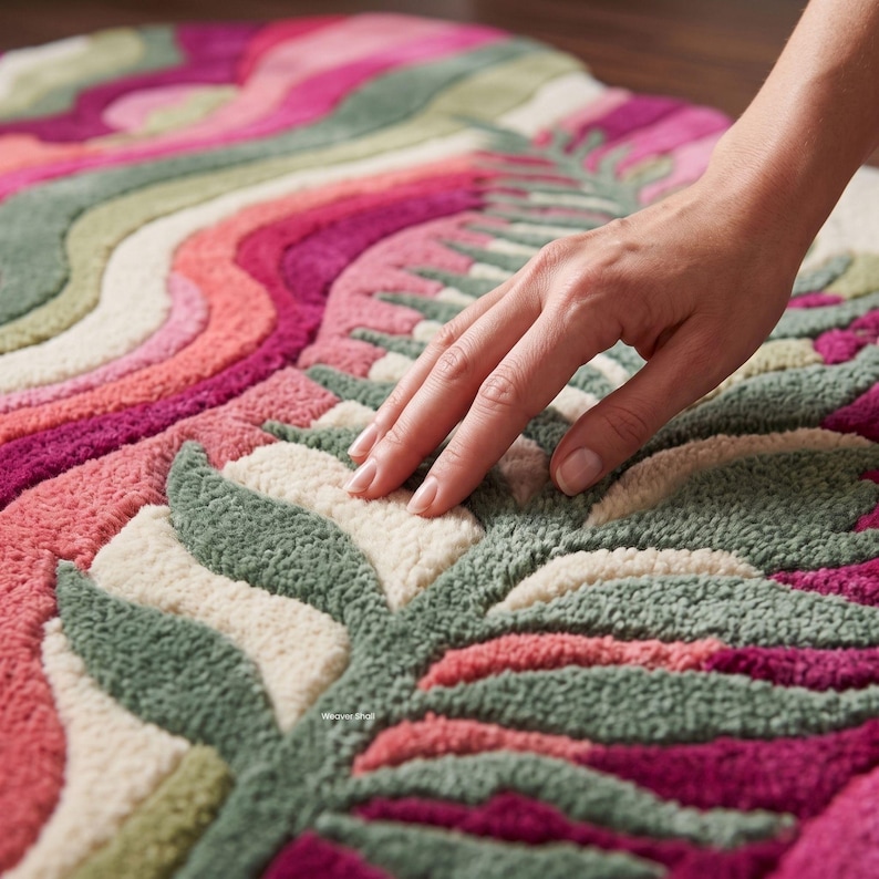 Abstract Leaf Pattern Area Rug Pink & Green Hand Tufted Wool Rug | Botanical Leaf Design | Irregular ...