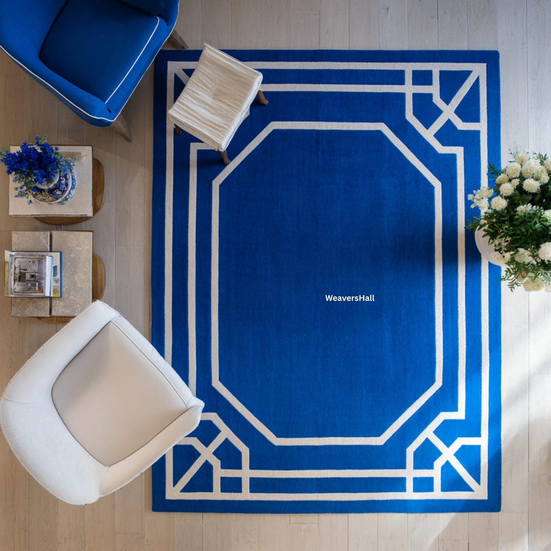 Modern Blue Geometric Border Rug | Bold Royal Blue Handmade Carpet for ...