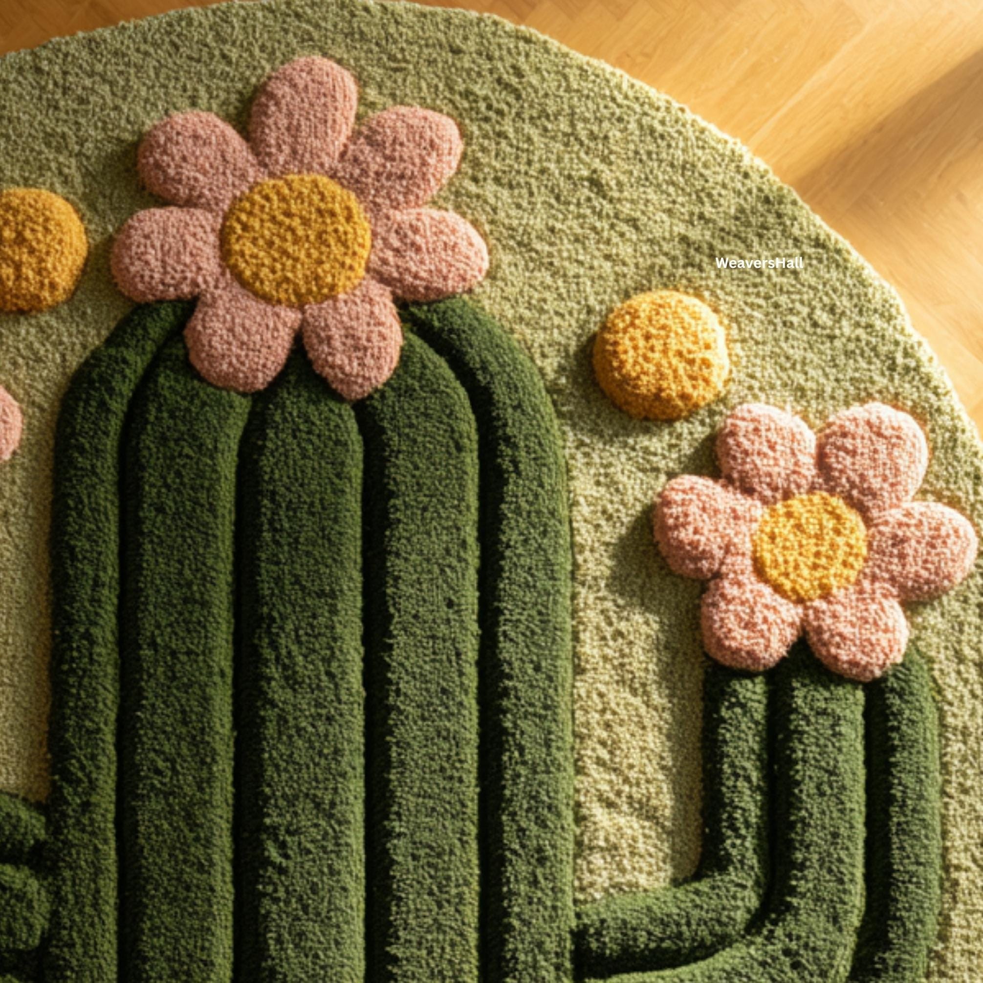 Floral Cactus Round Rug | Cute Green Pink Plush Kids Room Living Room ...