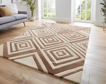 Geometrisches Quadrat Muster Teppich | Moderner Beige & Brauner Tufted Teppich